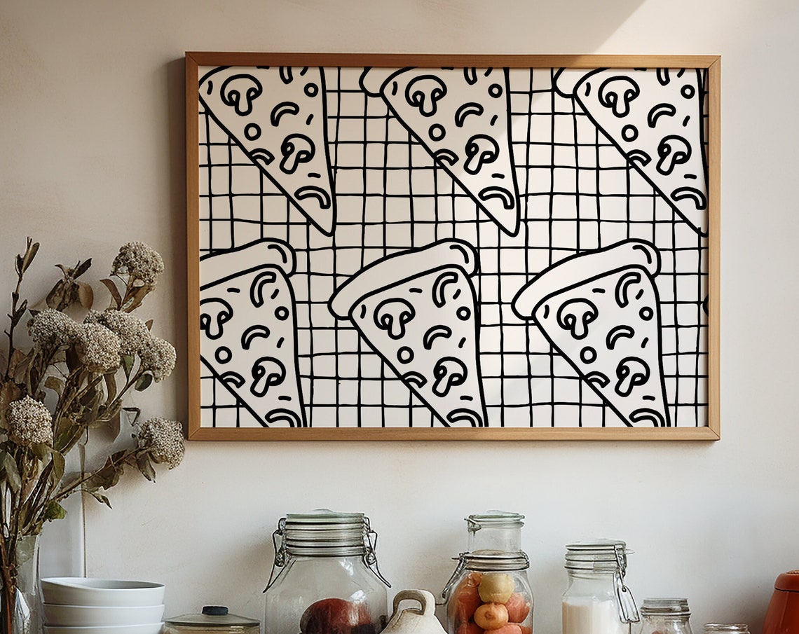 Pizza Slice Doodle Grid Pattern Black White Retro Kitchen Wall Art