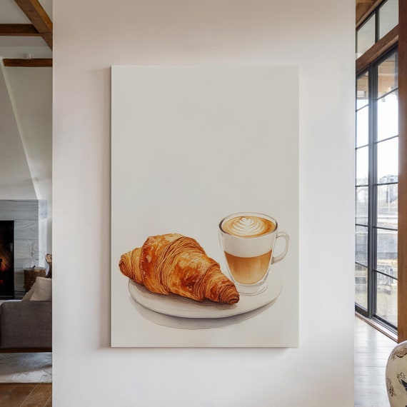 Elegant Watercolor Of A Flaky Croissant And Latte With Artful Foam On A White Plate A Minimalist Breakfast Illustration