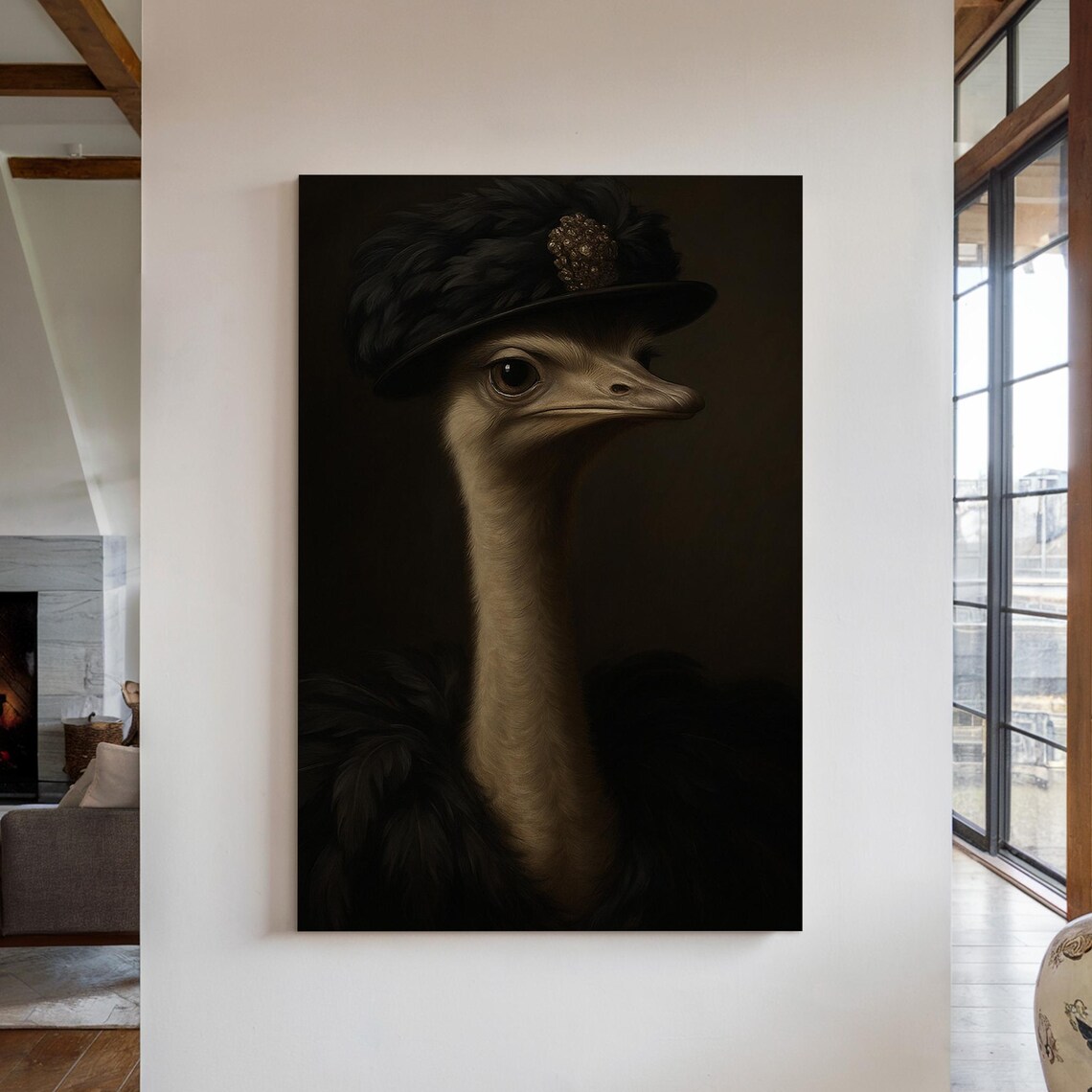 Regal Ostrich Portrait, Vintage Style Pet Parody