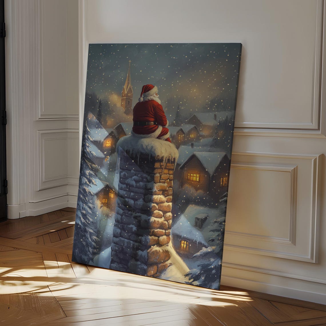 Santa On Chimney Overlooking Snowy Village At Night Christmas Poster