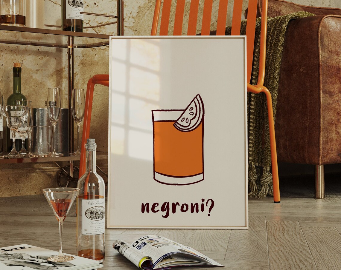 Negroni Cocktail Illustration Retro Orange Bar Cart Wall Print