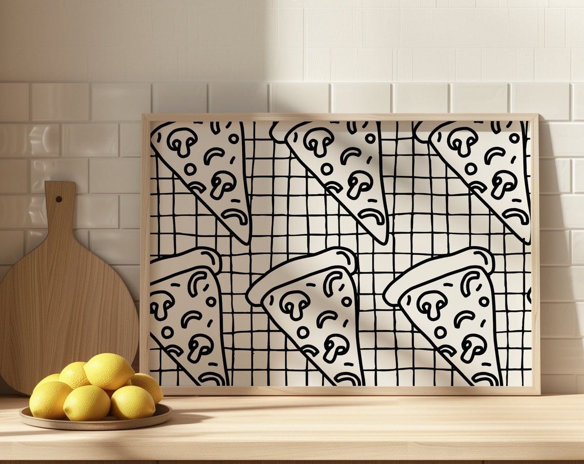 Pizza Slices Pattern On Gingham Check Trendy Kitchen Wall Poster
