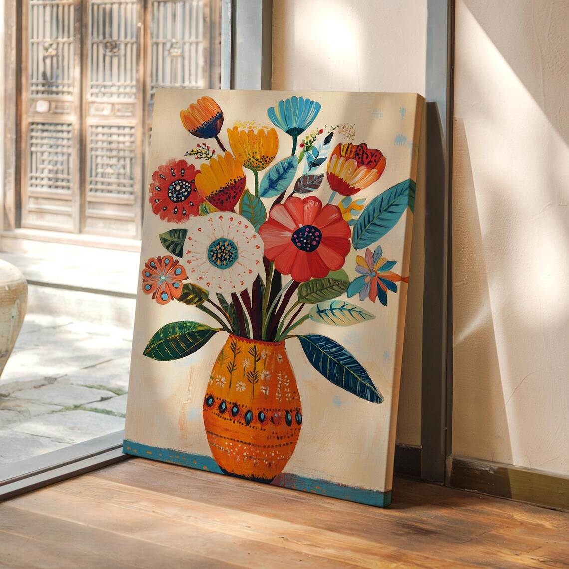 Whimsical Folk Art Flower Bouquet Orange Vase Colorful Wall Art Print