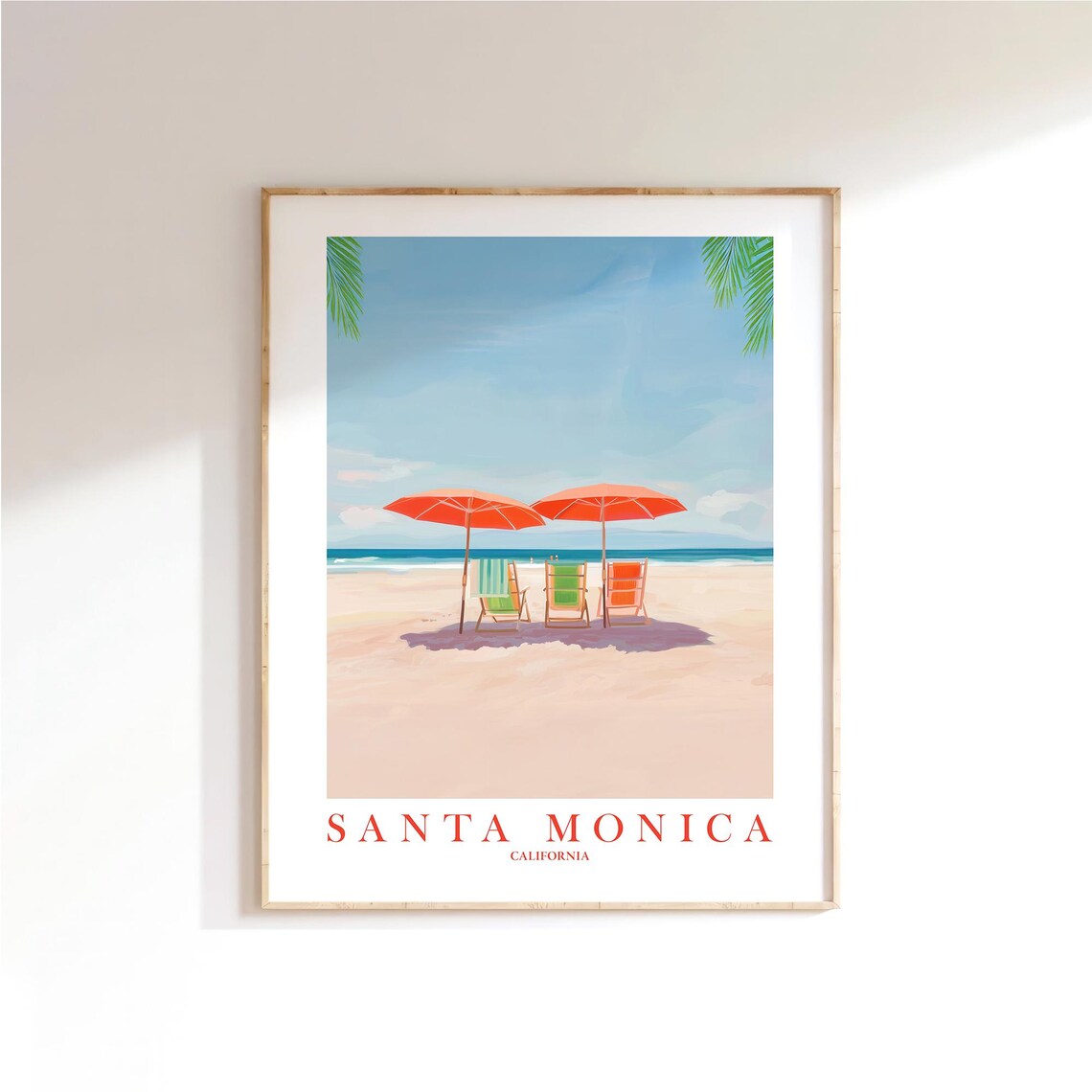 Santa Monica California Beach Chairs Orange Umbrellas Travel Poster