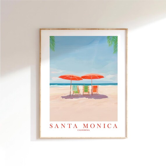 Santa Monica California Beach Chairs Orange Umbrellas Travel Poster