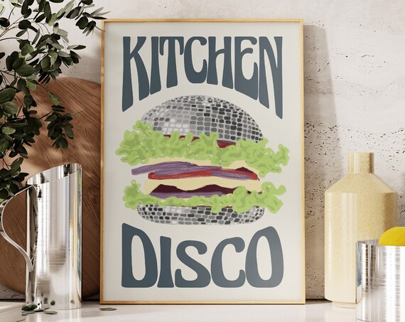 Kitchen Disco Poster Retro Burger Illustration Disco Ball Food Art