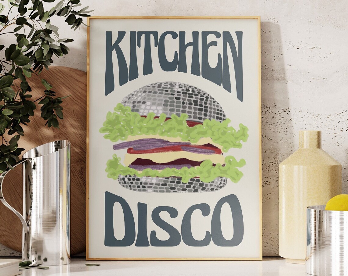 Kitchen Disco Poster Retro Burger Illustration Disco Ball Food Art
