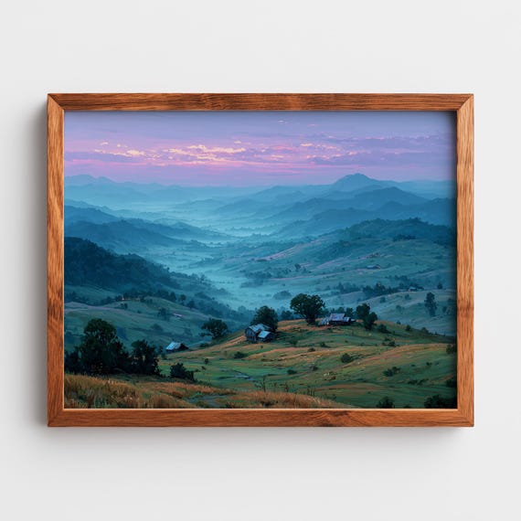 Misty Valley At Sunrise Painting Tranquil Landscape Art With Rolling Hills Earthy Morning Scene Peaceful Wall Decor 257