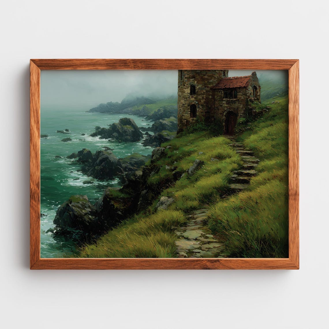 Ancient Stone Watchtower Cliff Moody Seaside Oil Painting Poster