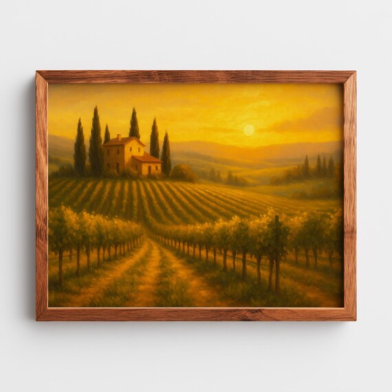 Tuscan Vineyard Sunset Golden Farmhouse Oil Painting Italy Poster