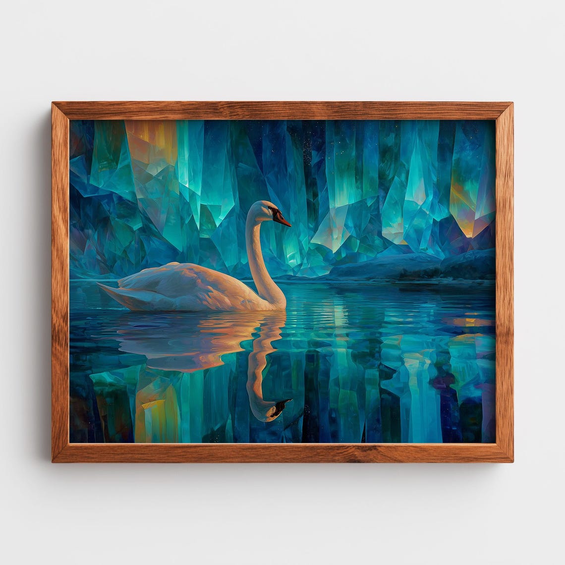 White Swan in Crystal Cave Mystical Teal Dreamlike Wildlife Poster