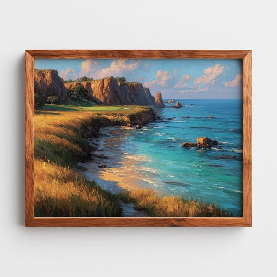 Coastal Golf Course Painting Lush Greenery Serene Ocean View Luxury Wall Art Traditional Landscape 285