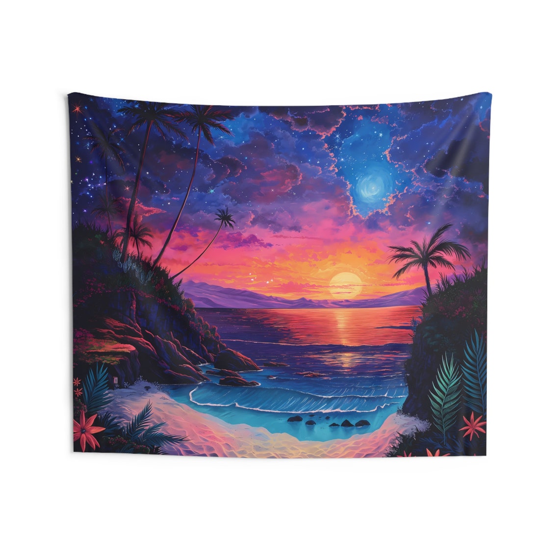 Tropical Beach Sunset Neon Starry Sky Palm Paradise Travel Poster - Image 3