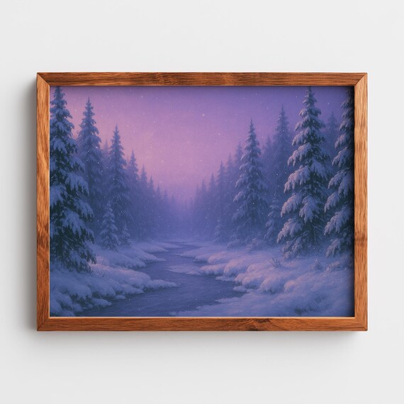 Winter Twilight Snowy Pine Valley Forest Landscape Art Poster