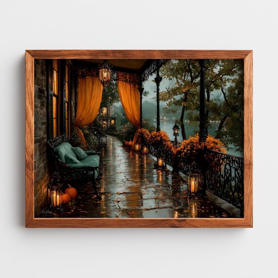 Victorian Veranda Wall Art Luxurious Oil Painting Vintage Autumn Decor Rustic Cottage Style Elegant Orange Drapes 97