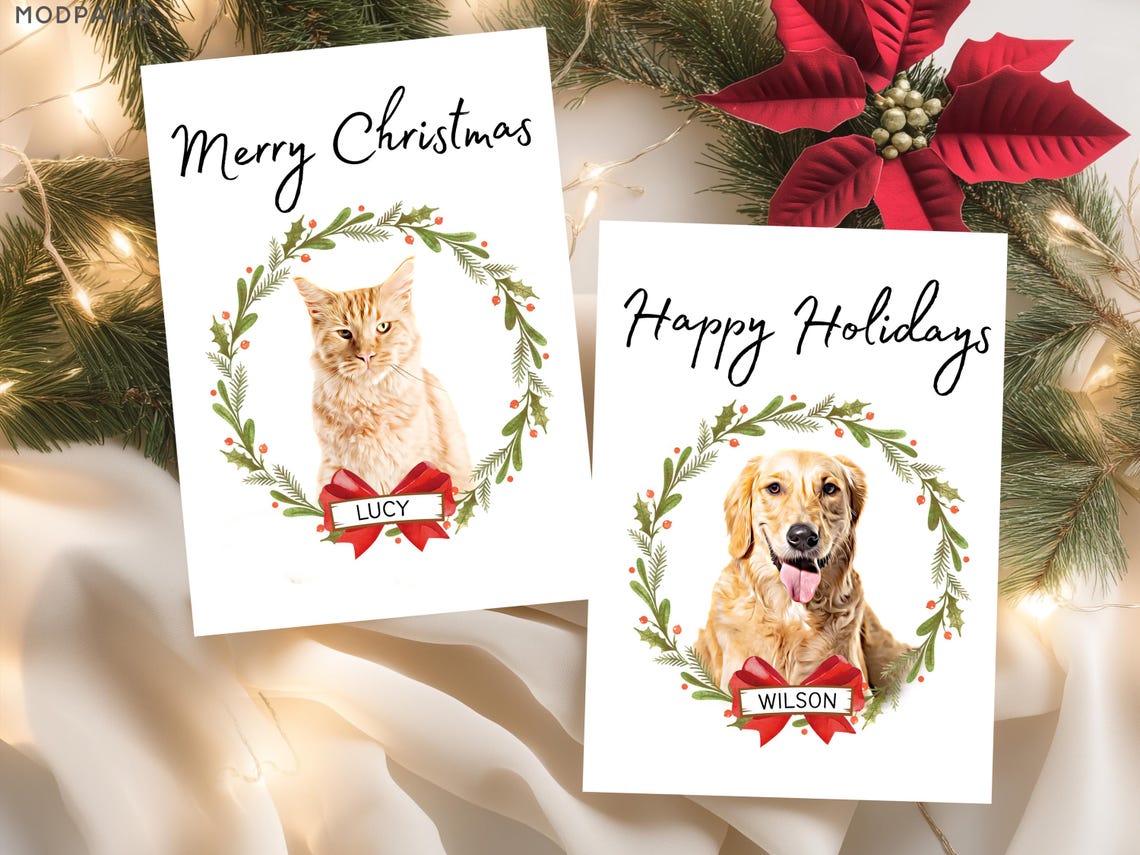 Personalized Golden Retriever Holiday Wreath Pet Christmas Card Print - Image 2