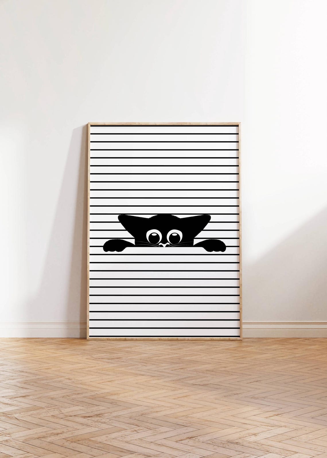 Peeking Black Cat Minimalist Cute Striped Funny Kitty Wall Art - Image 2