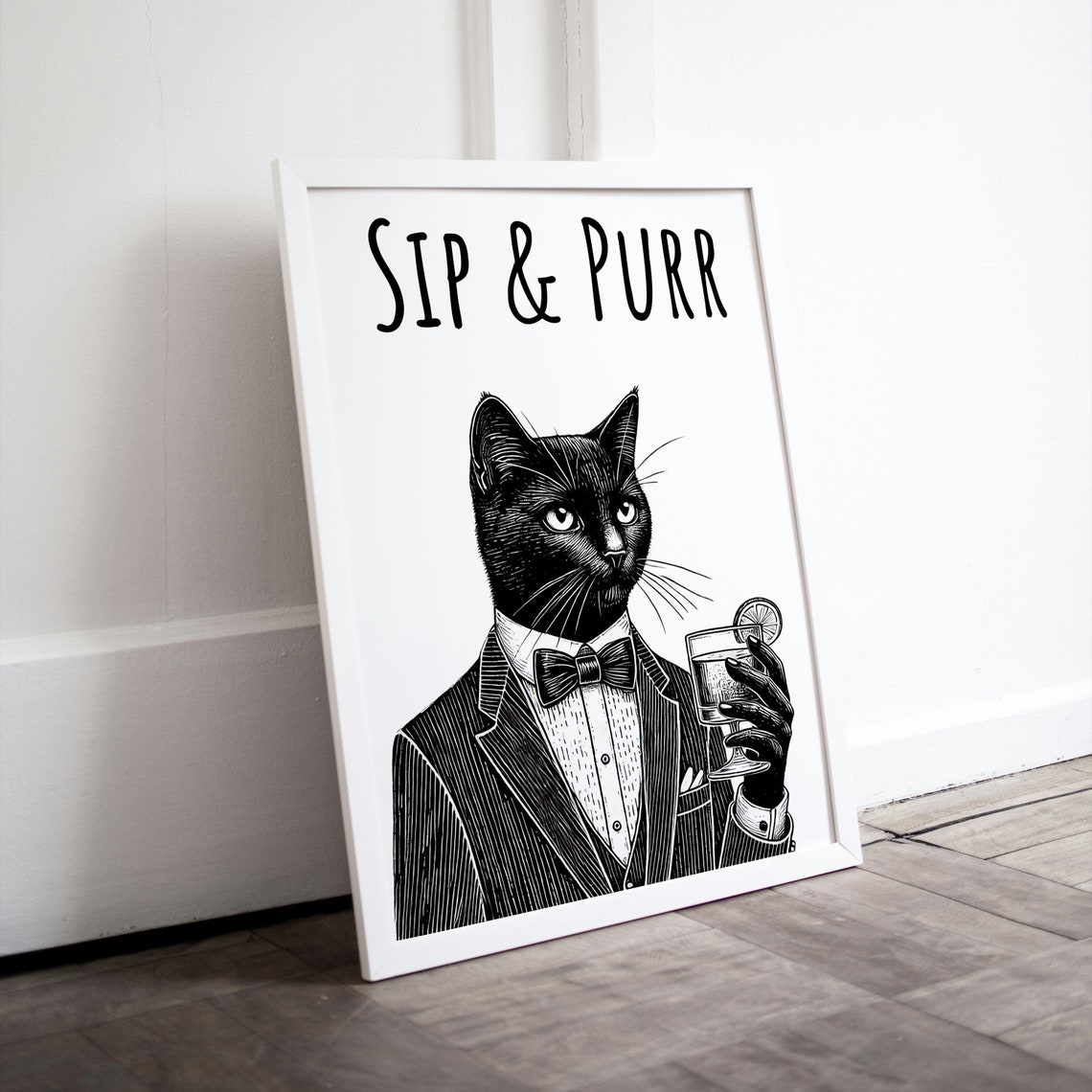 Sip and Purr Black Cat Tuxedo Cocktail Pun Funny Animal Bar Poster