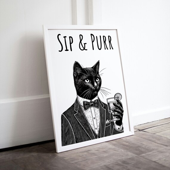 Sip and Purr Black Cat Tuxedo Cocktail Pun Funny Animal Bar Poster