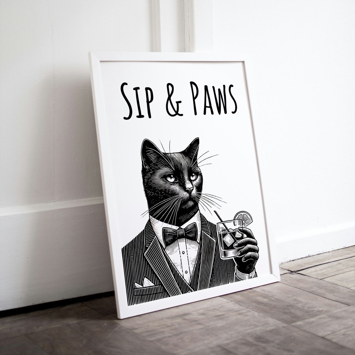 Sip and Paws Black Cat Tuxedo Cocktail Etching Style Funny Poster