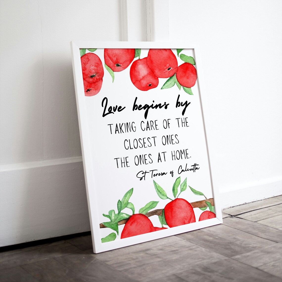 Love Begins At Home St Teresa Calcutta Apple Watercolor Quote Poster Art