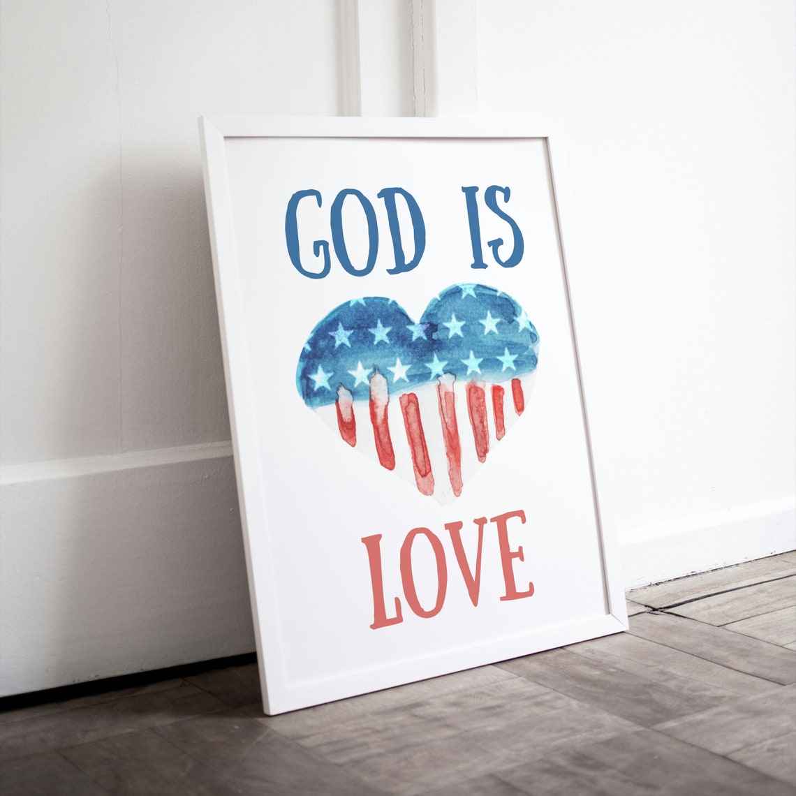 God Is Love American Flag Heart Watercolor Patriotic Faith Poster