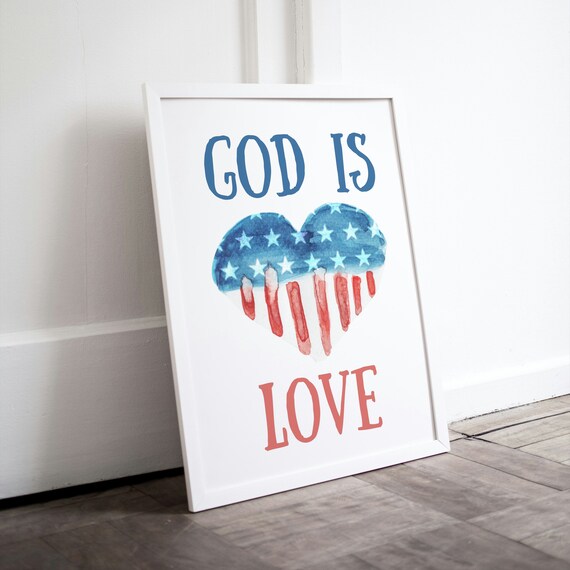 God Is Love American Flag Heart Watercolor Patriotic Faith Poster