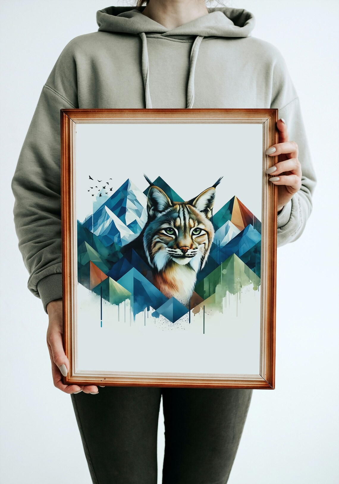 Lynx Portrait Over Geometric Watercolor Mountains Wildlife Art Poster - Image 3
