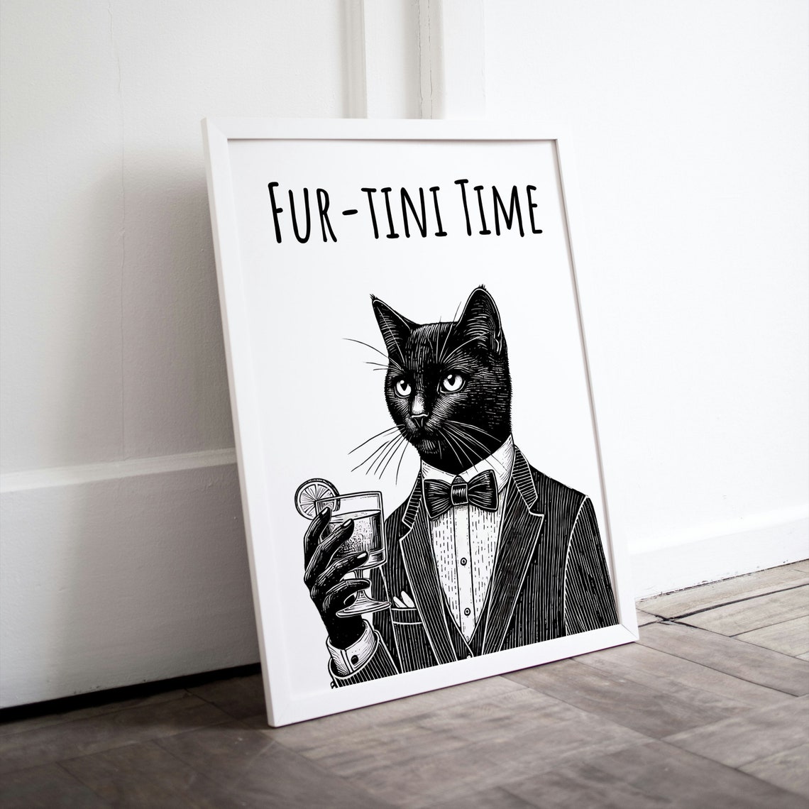 Fur Tini Time Black Cat Tuxedo Martini Pun Funny Animal Bar Poster
