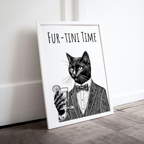 Fur Tini Time Black Cat Tuxedo Martini Pun Funny Animal Bar Poster