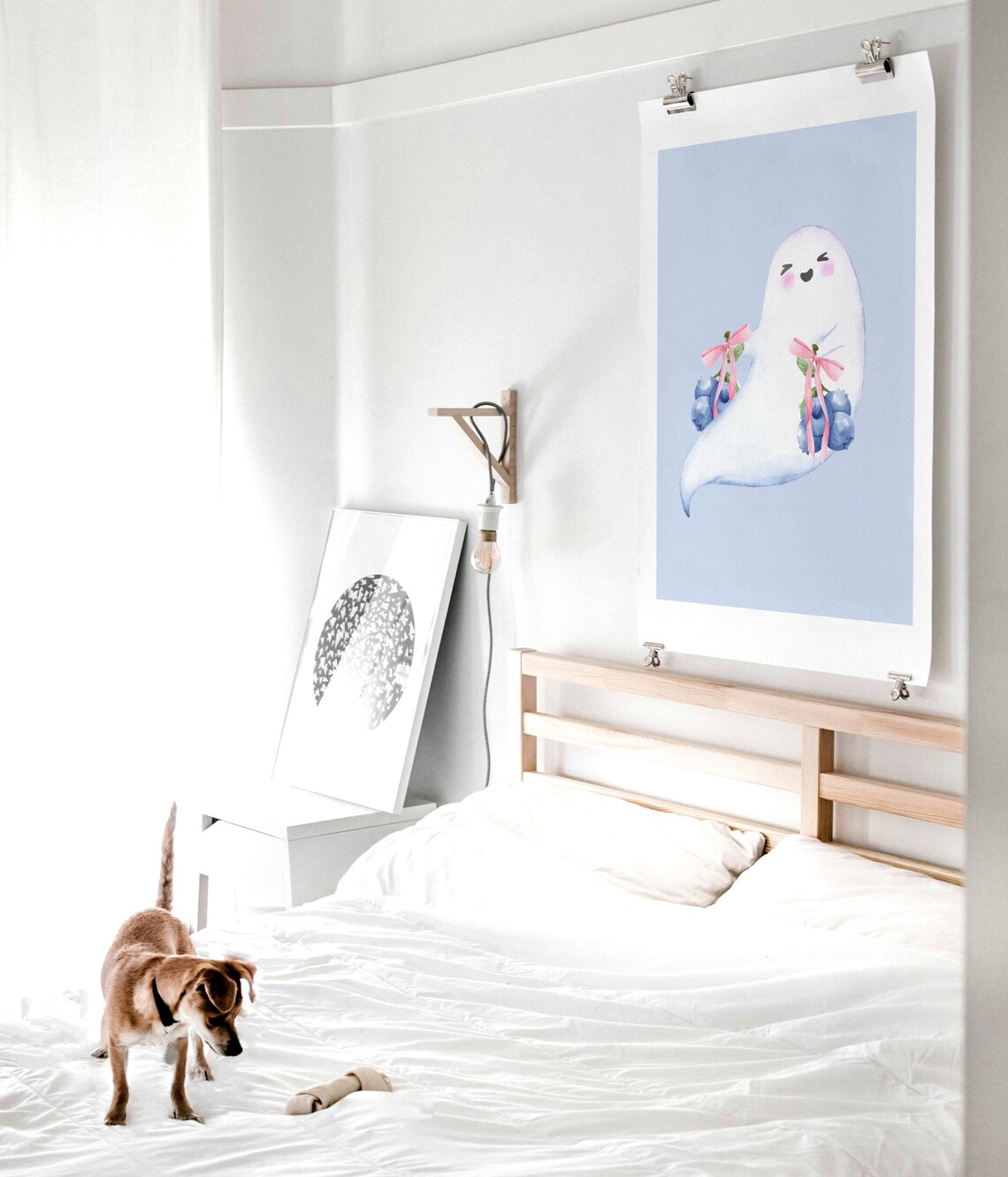 Cute Ghost With Blueberries Pastel Halloween Kids Room Watercolor Poster - Image 2