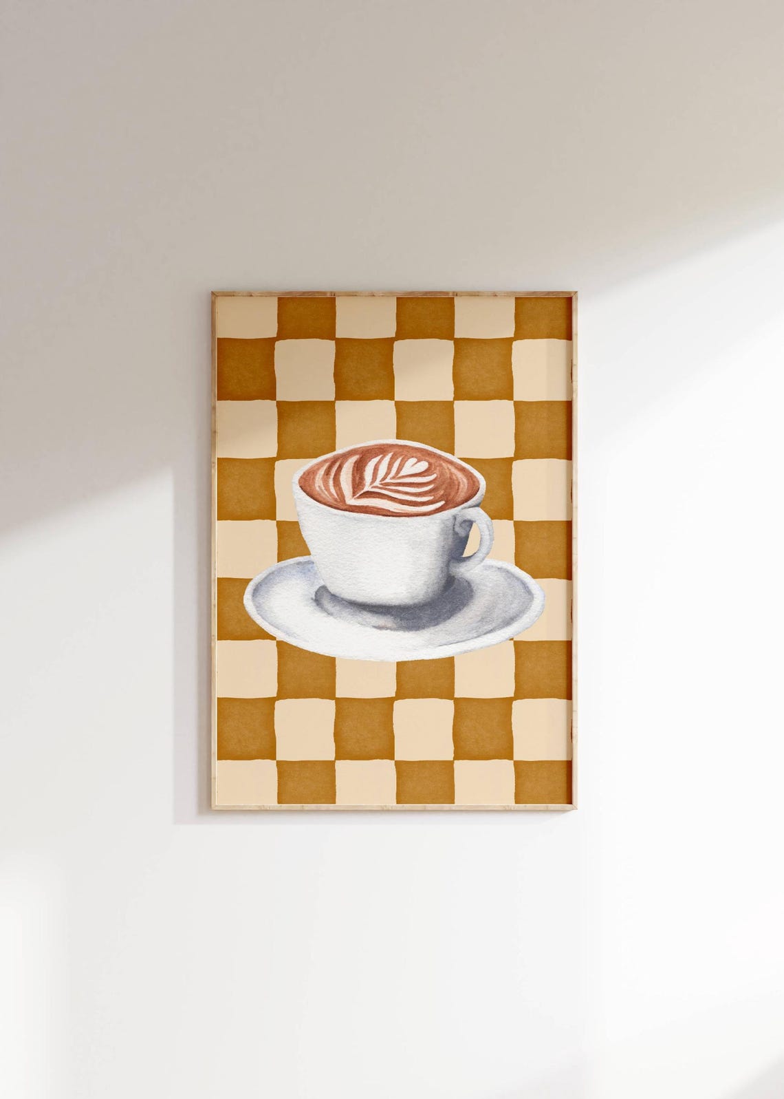 Cappuccino Cup Latte Art Watercolor Print Mustard Checkerboard Art