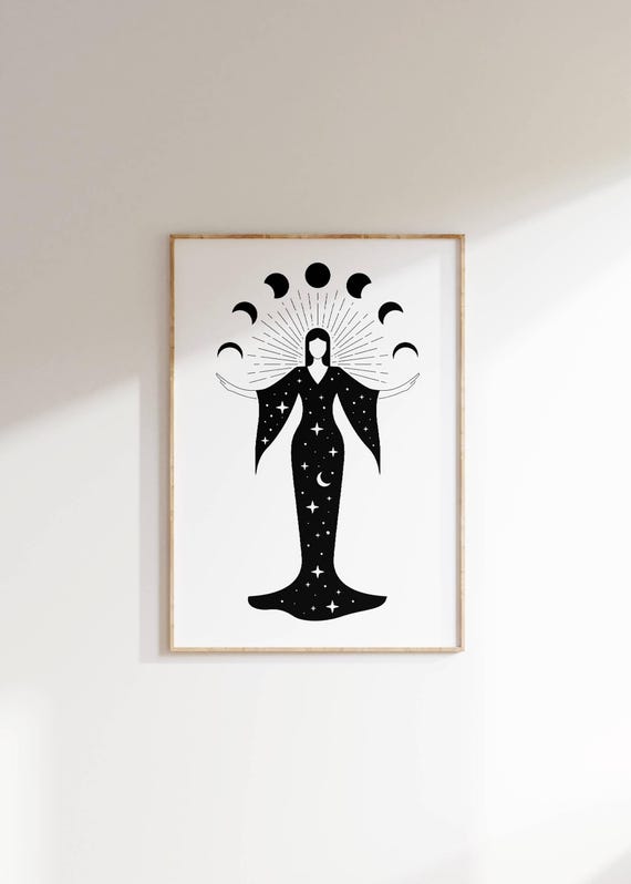 Celestial Woman Moon Phases Wall Art Feminine Mystic Decor Lunar Cycle Art Print Boho Goddess Artwork Spiritual Home Decor Gift