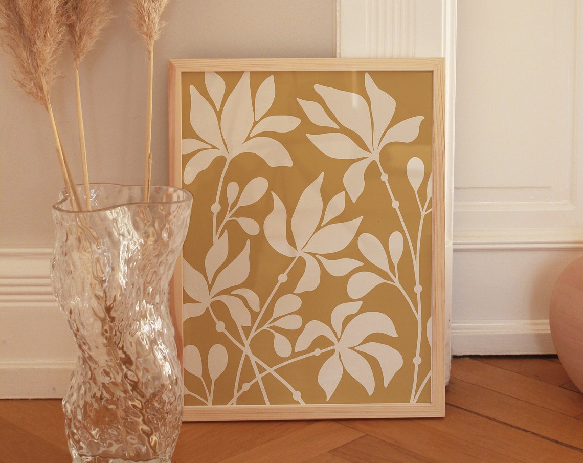 Mustard Yellow White Botanical Leaf Pattern Art Print Boho Decor