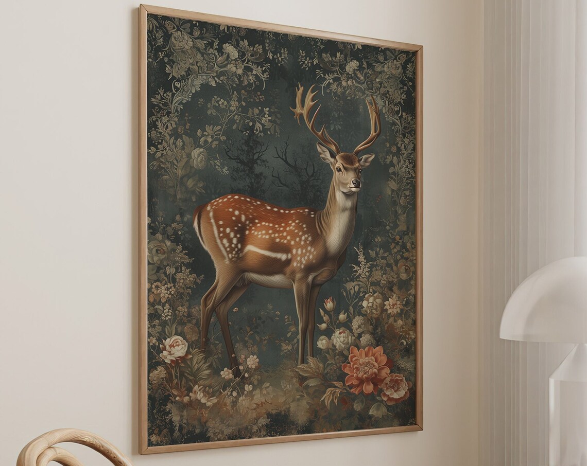 Spotted Stag With Antlers Standing Among Peonies Dark Floral Poster