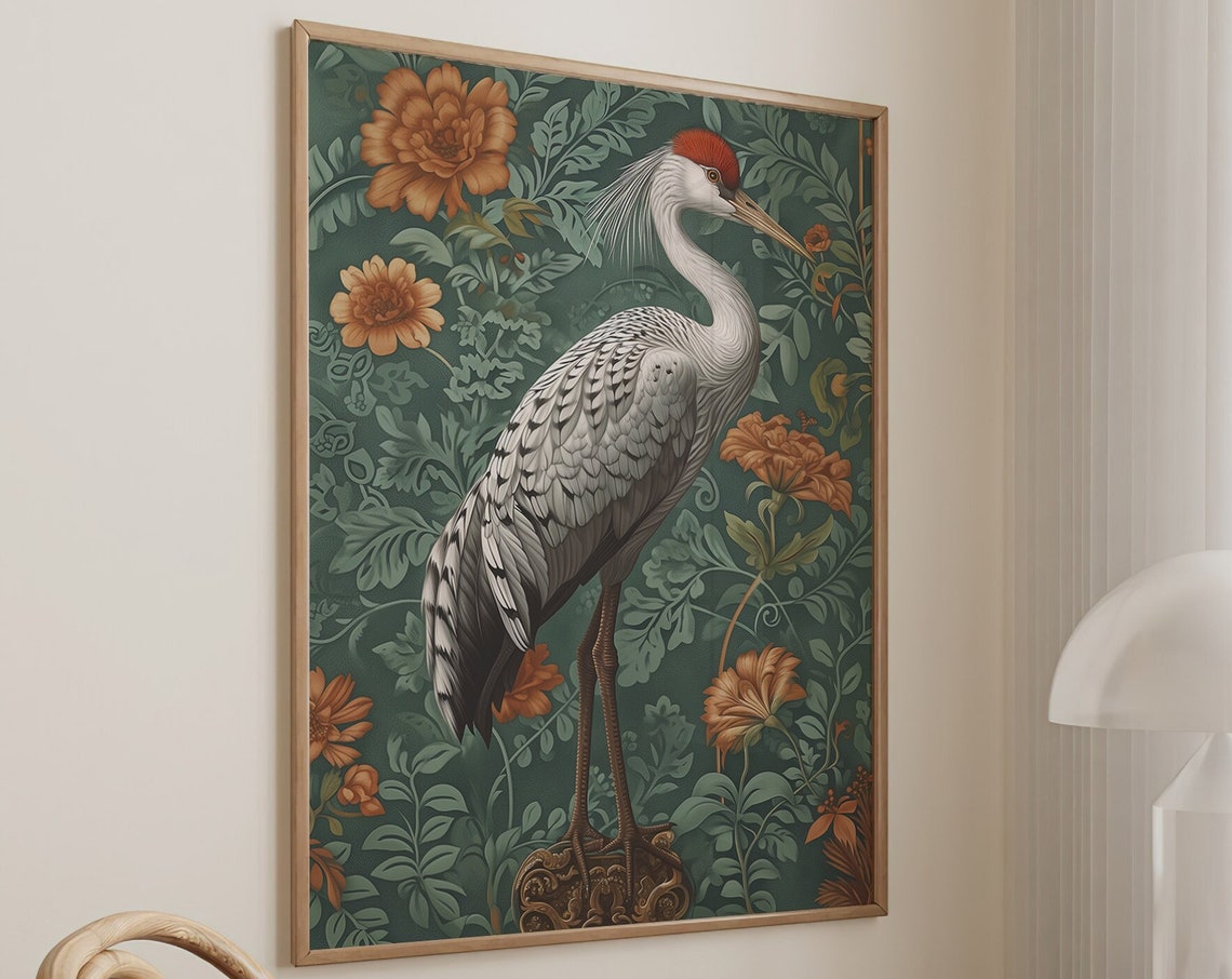 Red Crowned Crane Teal Foliage Vintage Oriental Bird Art Poster