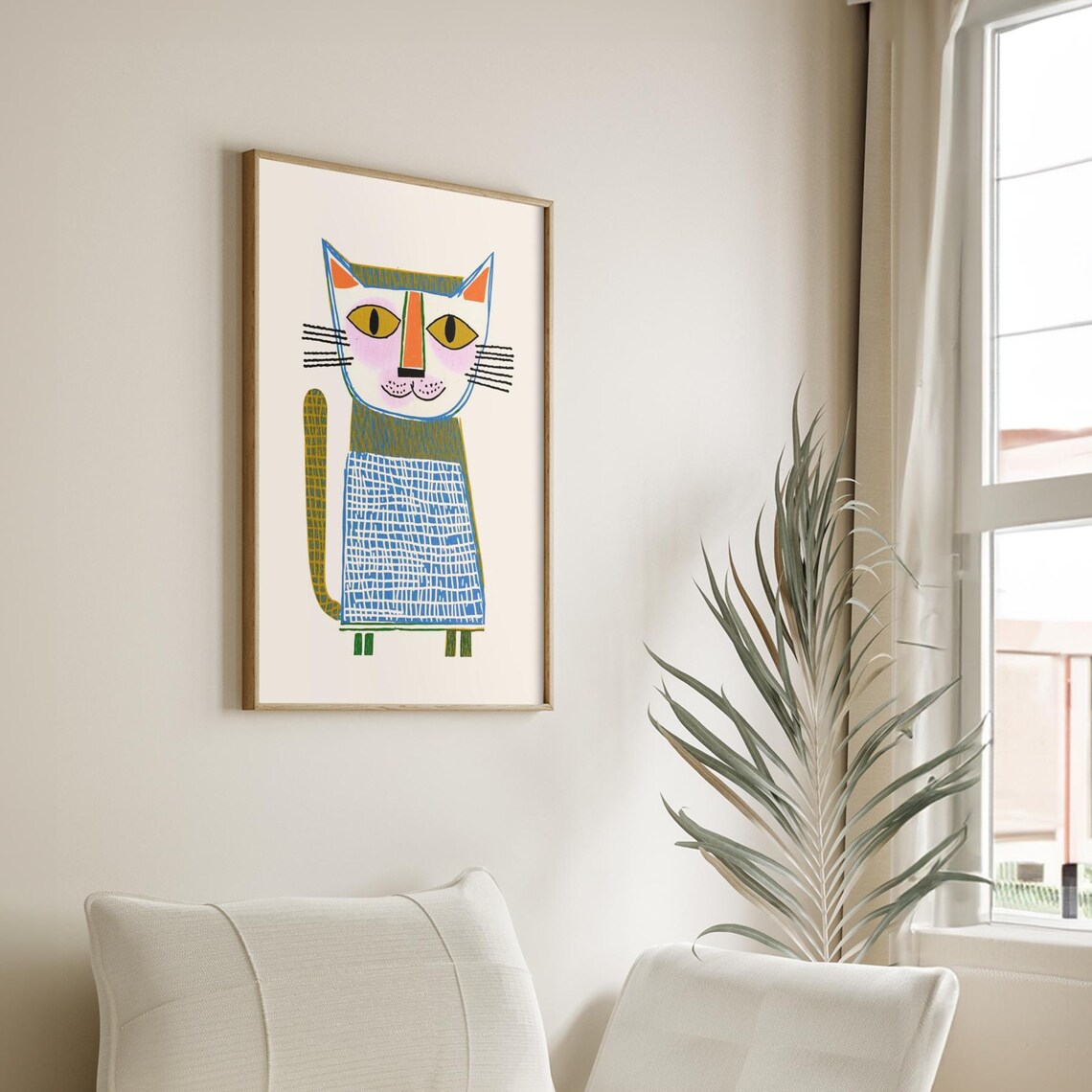 Funky Cartoon Cat Folk Art Portrait Modern Pet Decor Charming Poster - Image 3