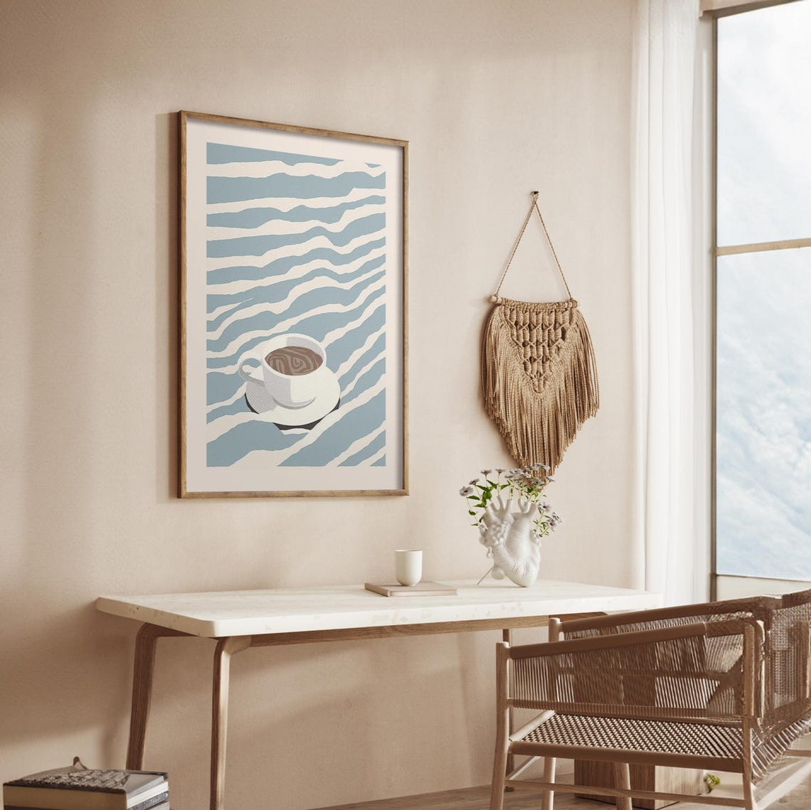White Coffee Cup Floating on Wavy Blue Ocean Stripes Kitchen Poster - Image 3