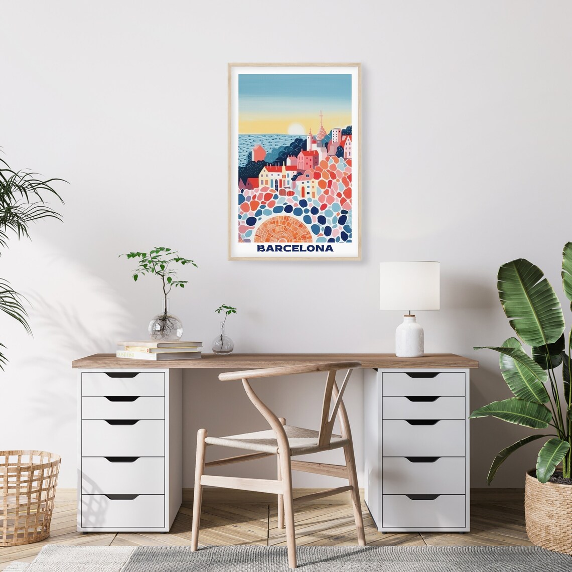 Barcelona Travel Poster Mosaic Hillside Sunset Cityscape Art - Image 2