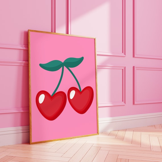 Sweet Heart Cherries On Pink Retro Pop Art Kitchen Wall Poster