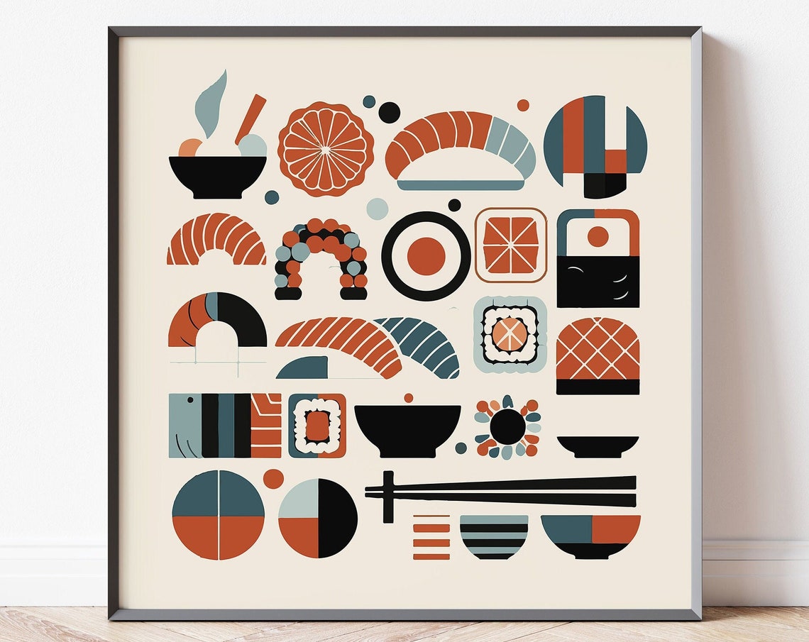 Abstract Sushi Dishes Poster Geometric Salmon Maki Orange Teal