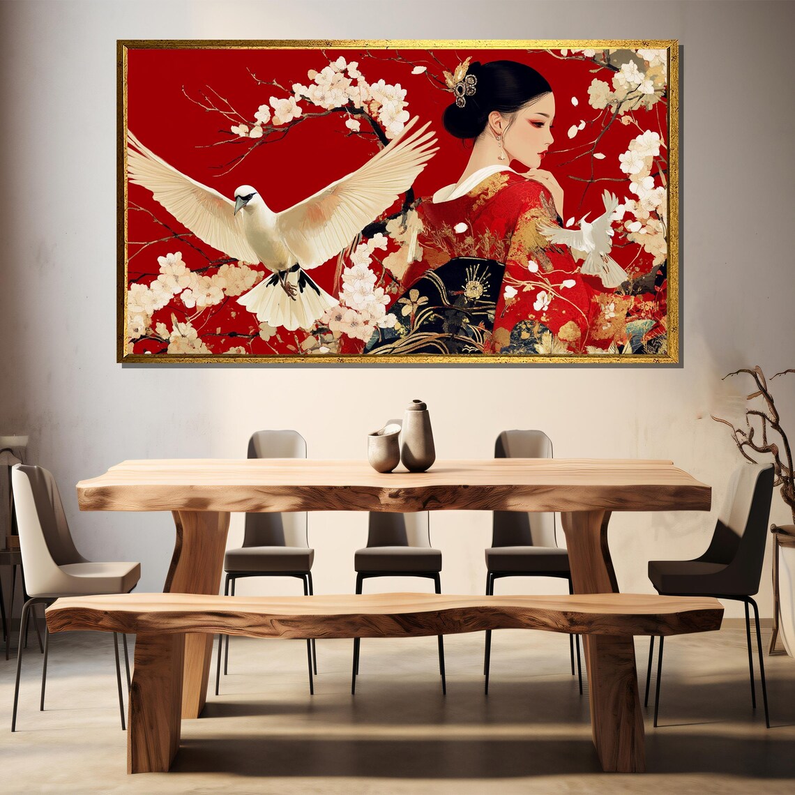 Japanese Woman With White Birds, Elegant Asian Decor - Image 3