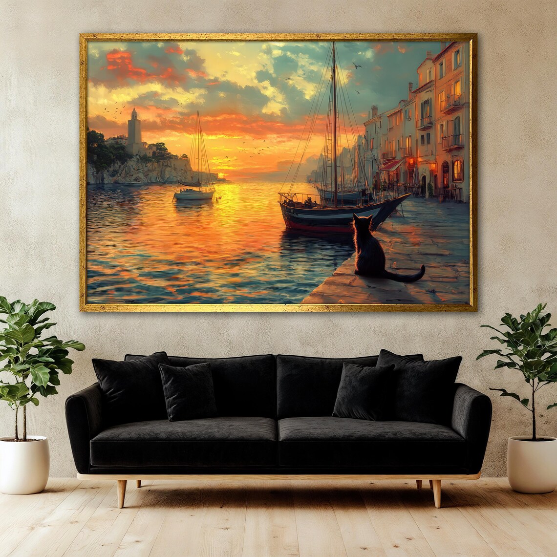 Sunset Harbor Cat Watching Sea, Mediterranean Decor - Image 3