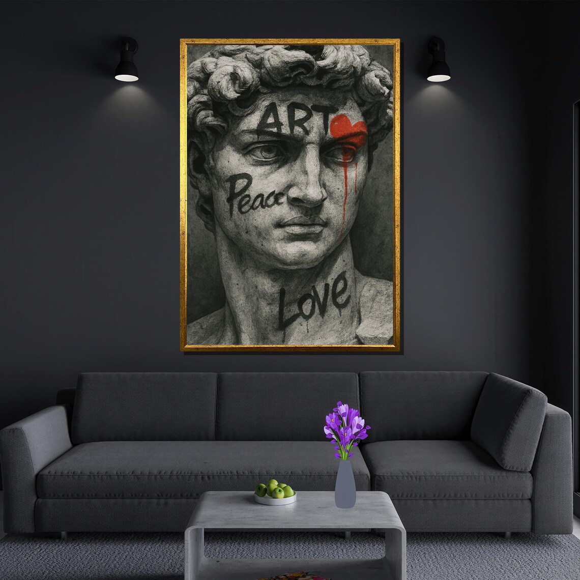 Graffiti Style David Sculpture, Peace Love Art Text - Image 3