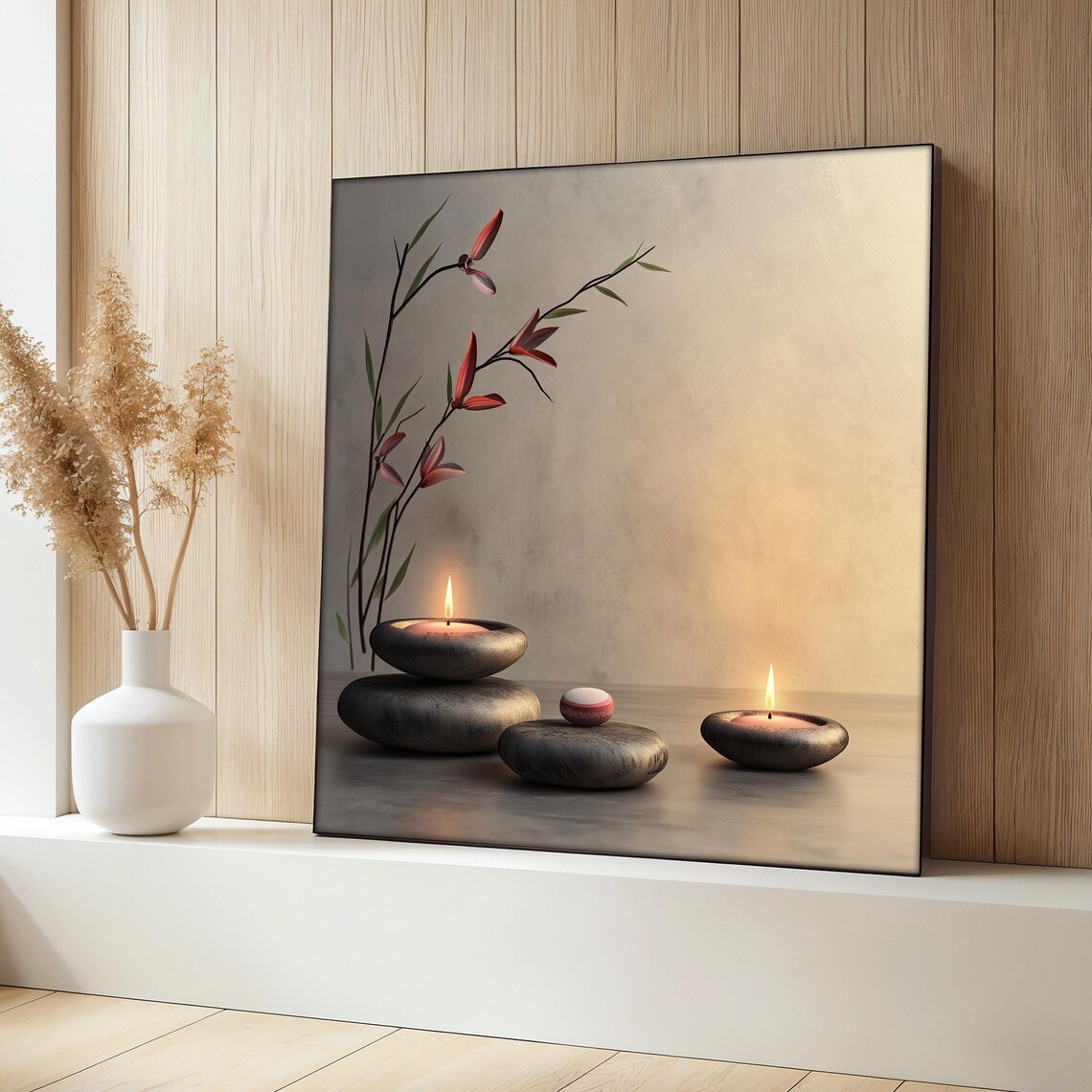 Zen Candle Painting, Spa Wall Art With Stones