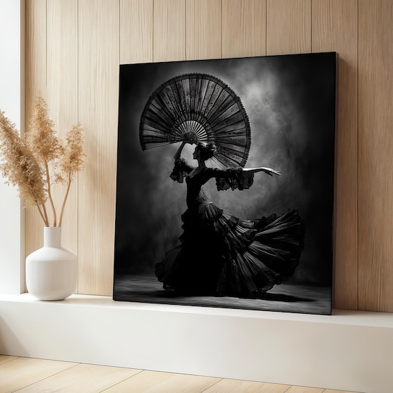 Black Flamenco Dancer With Lace Fan Dramatic Silhouette Poster