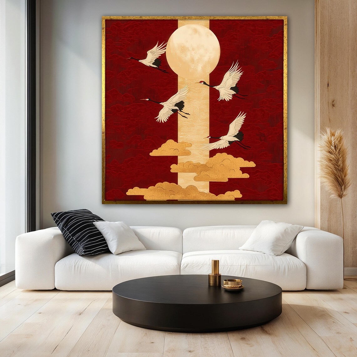 Japanese Red Crane, Golden Moon Art Print - Image 3
