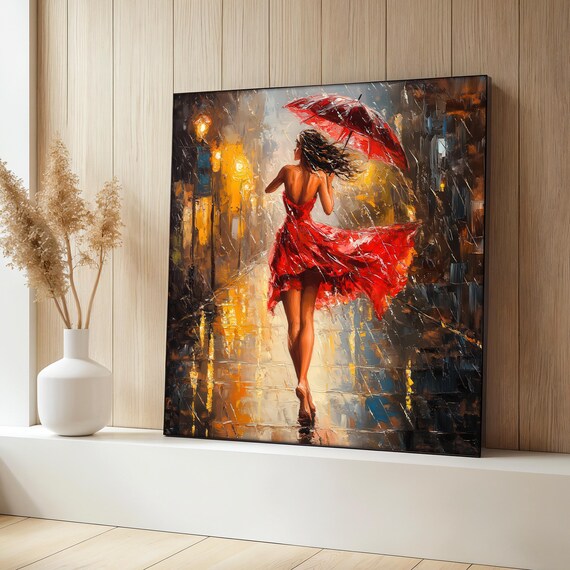 Red Dress Woman Rainy Night Street Red Umbrella Romantic Poster