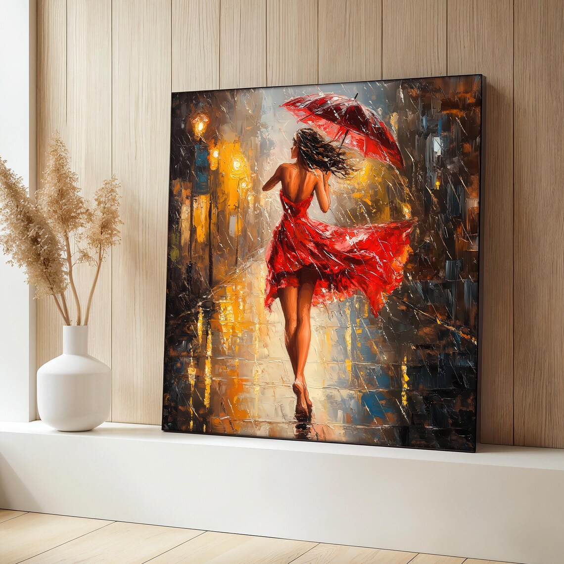 Red Dress Woman Rainy Night Street Red Umbrella Romantic Poster