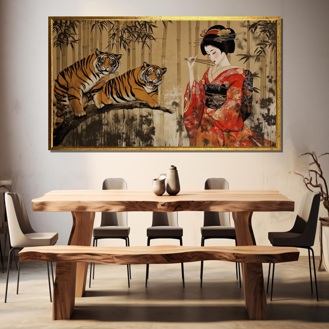 Japanese Geisha And Tigers, Bamboo Forest Art Print - Image 3